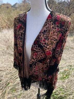 Mauve Burnout Velvet Floral Fringe Kimono Cardigan